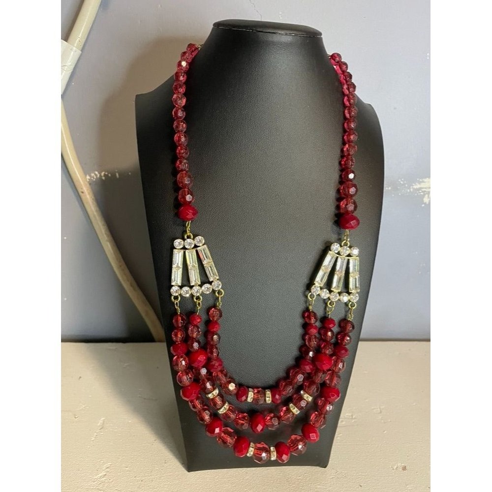 Red Plunder Beaded Layered Statement Necklace Len… - image 1